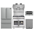 Forno 5-Piece Pro Appliance Package - 36-Inch Capriasca French Door Dual Fuel Range, Refrigerator, Wall Mount Hood with Backsplash, 30-Inch Microwave Drawer, & 3-Rack Dishwasher in Stainless Steel