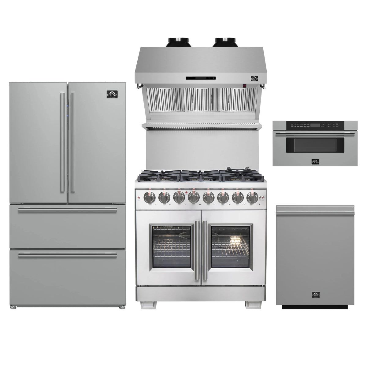 Forno 5-Piece Pro Appliance Package - 36-Inch Dual Fuel Range, Refrigerator, Wall Mount Hood with Backsplash, 30-Inch Microwave Drawer, & 3-Rack Dishwasher in Stainless Steel