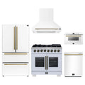 Forno 5-Piece Appliance Package - 36-inch Capriasca French Door Dual Fuel Range, Hood, 36-Inch French Door Refrigerator, Dishwasher and 24-Inch Microwave Drawer in White with Antique Brass Trim