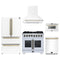 Forno 5-Piece Appliance Package - 36-inch Capriasca French Door Dual Fuel Range, Hood, 36-Inch French Door Refrigerator, Dishwasher and 24-Inch Microwave Drawer in White with Antique Brass Trim