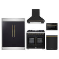 Forno 5-Piece Appliance Package - 36-inch Capriasca French Door Dual Fuel Range, Hood, 60-Inch Built-In Refrigerator, Dishwasher and 24-Inch Microwave Drawer in Black with Antique Brass Trim