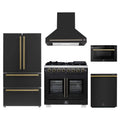 Forno 5-Piece Appliance Package - 36-inch Capriasca French Door Dual Fuel Range, Hood, 36-Inch French Door Refrigerator, Dishwasher and 24-Inch Microwave Drawer in Black with Antique Brass Trim