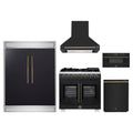Forno 5-Piece Appliance Package - 36-inch Capriasca French Door Dual Fuel Range, Hood, 60-Inch Built-In Refrigerator, Dishwasher and 30-Inch Microwave Drawer in Black with Antique Brass Trim
