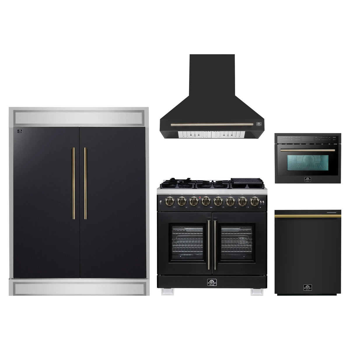 Forno 5-Piece Appliance Package - 36-inch Dual Fuel Range, Hood, Refrigerator, Dishwasher and 24-Inch Microwave Oven in Black with Antique Brass Trim