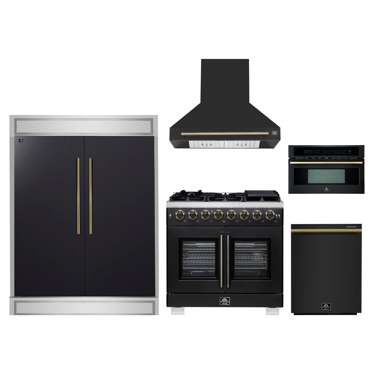 Forno 5-Piece Appliance Package - 36-inch Dual Fuel Range, Hood, Refrigerator, Dishwasher and 30-Inch Microwave Oven in Black with Antique Brass Trim