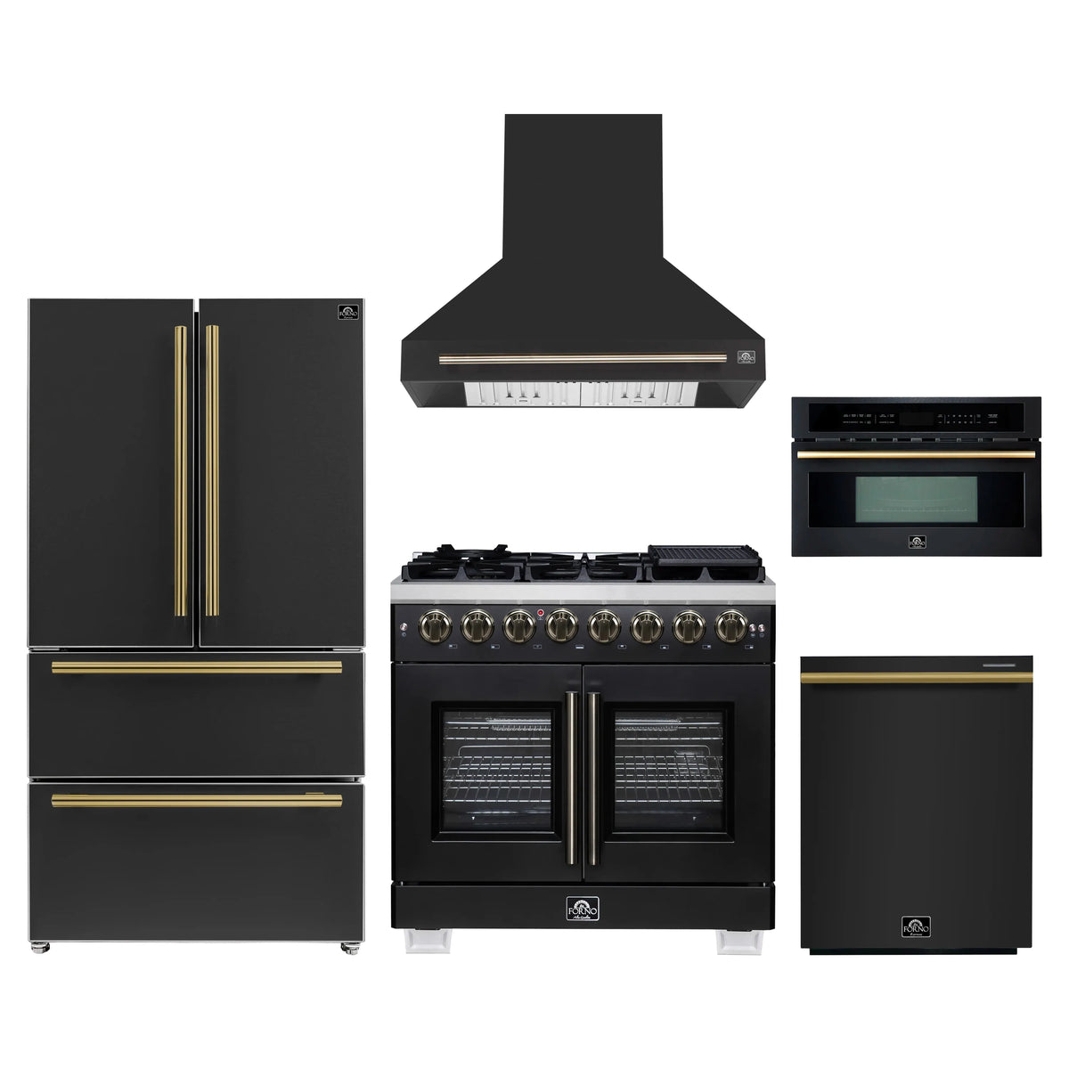 Forno 5-Piece Appliance Package - 36-inch Dual Fuel Range, Hood, Refrigerator, Dishwasher and 30-Inch Microwave Oven in Black with Antique Brass Trim