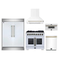 Forno 5-Piece Appliance Package - 36-inch Capriasca French Door Dual Fuel Range, Hood, 60-Inch Built-In Refrigerator, Dishwasher and 30-Inch Microwave Drawer in White with Antique Brass Trim
