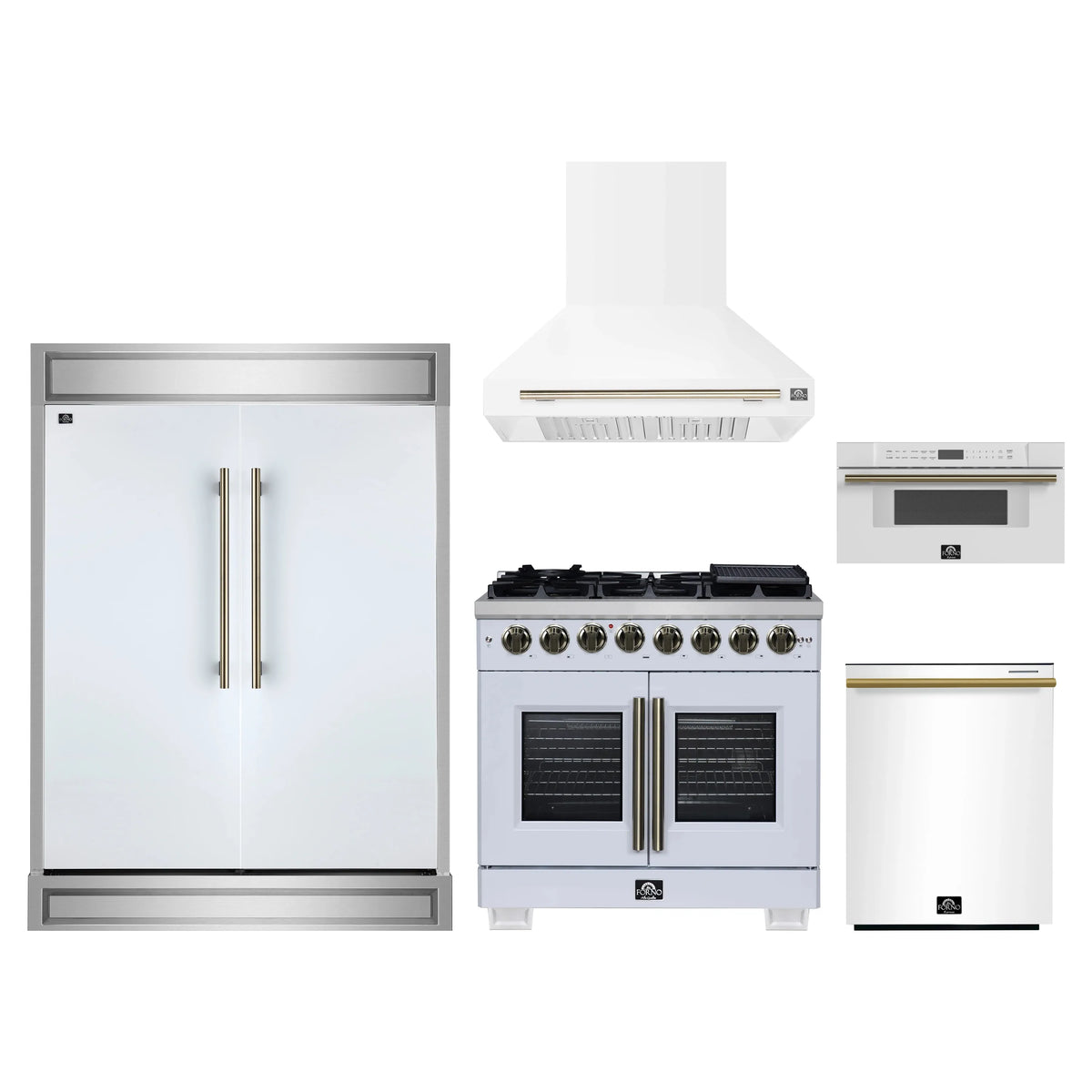 Forno 5-Piece Appliance Package - 36-inch Dual Fuel Range, Hood, Refrigerator, Dishwasher and 30-Inch Microwave Drawer in White with Antique Brass Trim