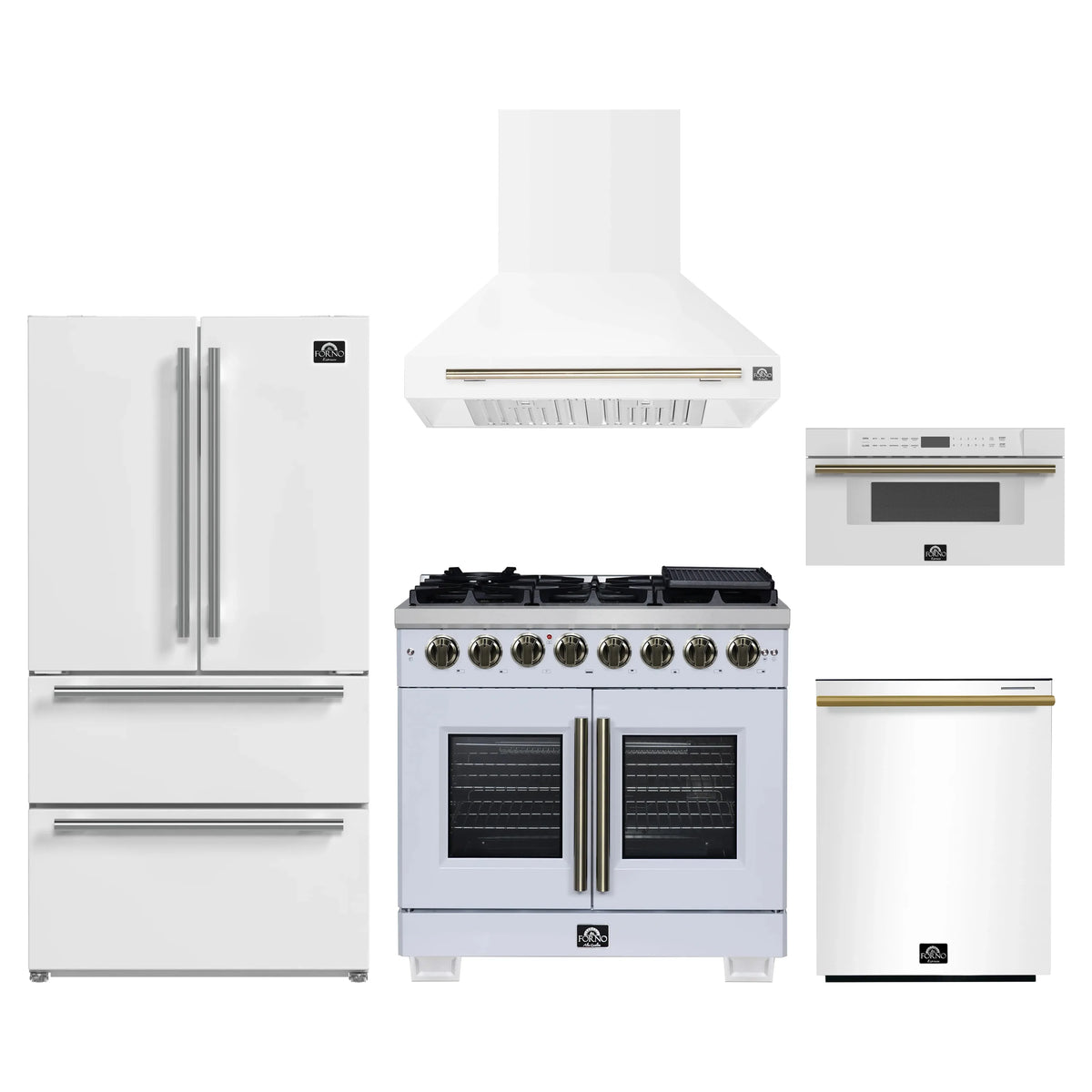 Forno 5-Piece Appliance Package - 36-inch Dual Fuel Range, Hood, Refrigerator, Dishwasher and 30-Inch Microwave Drawer in White with Antique Brass Trim
