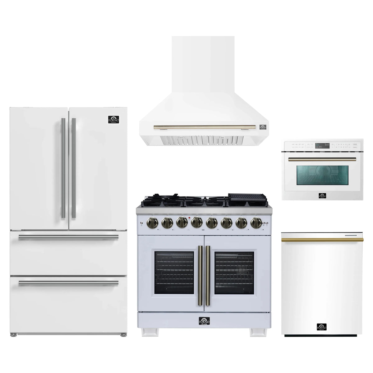 Forno 5-Piece Appliance Package - 36-inch Dual Fuel Range, Hood, Refrigerator, Dishwasher and 24-Inch Microwave Oven in White with Antique Brass Trim