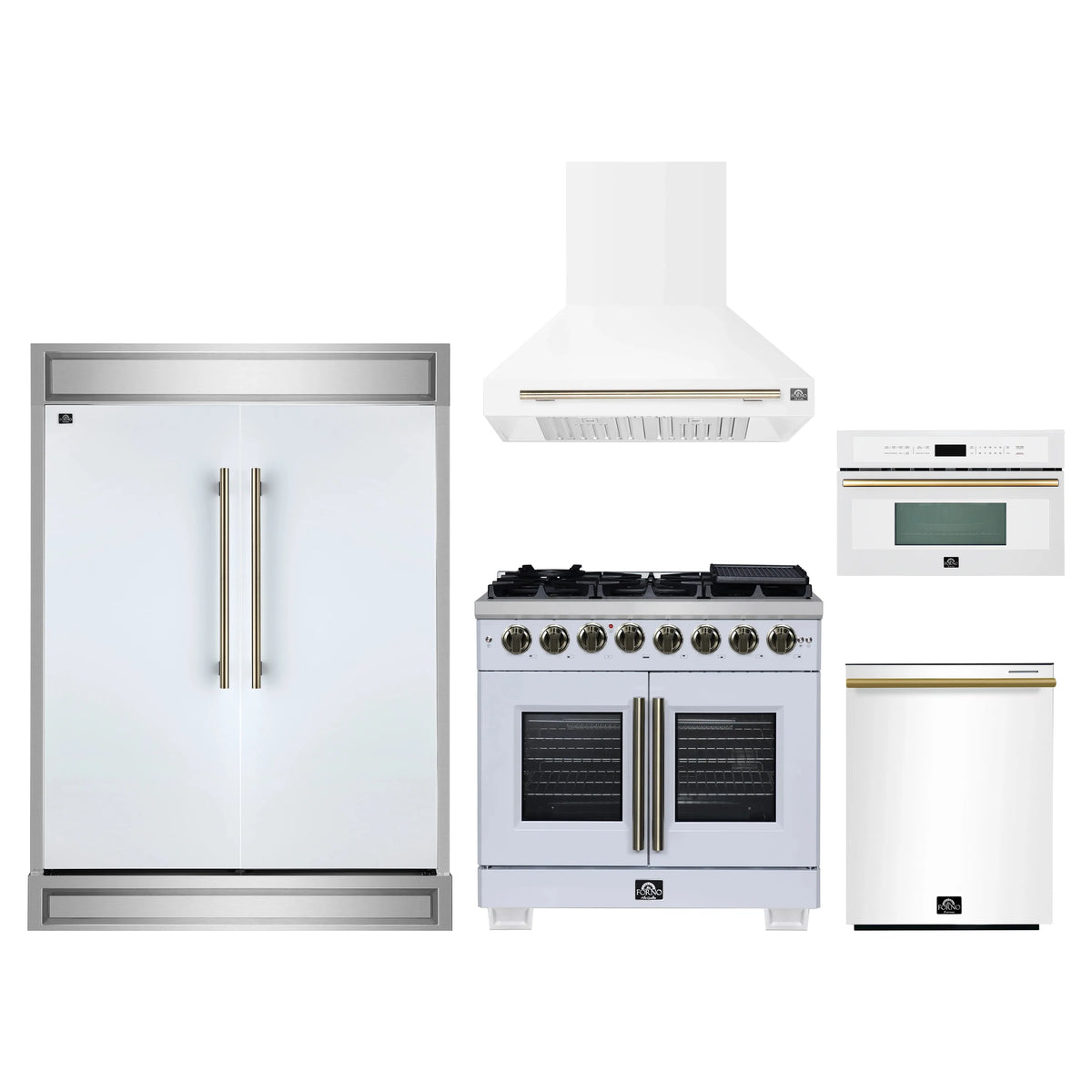 Forno 5-Piece Appliance Package - 36-inch Dual Fuel Range, Hood, Refrigerator, Dishwasher and 30-Inch Microwave Oven in White with Antique Brass Trim