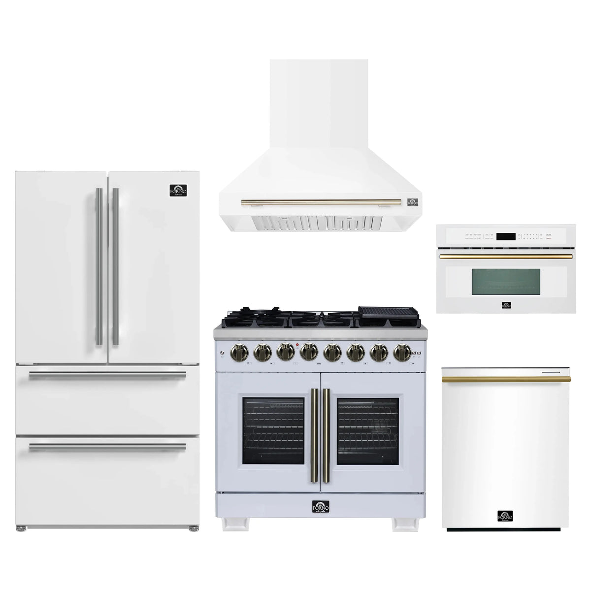 Forno 5-Piece Appliance Package - 36-inch Dual Fuel Range, Hood, Refrigerator, Dishwasher and 30-Inch Microwave Oven in White with Antique Brass Trim