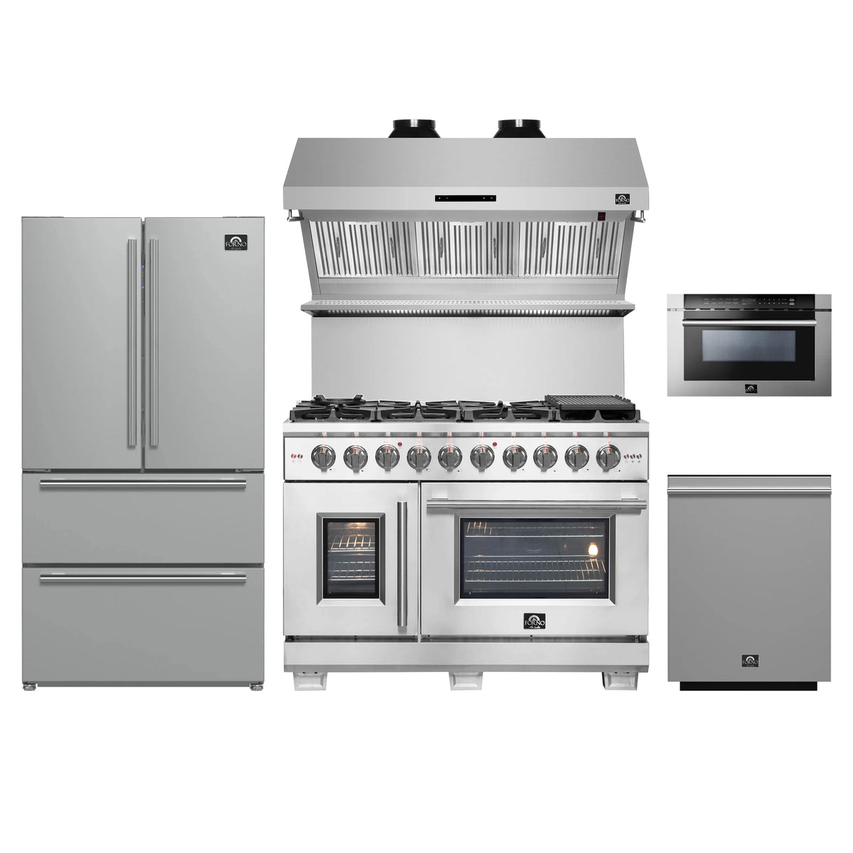 Forno 5-Piece Pro Appliance Package - 48-Inch Dual Fuel Range, Refrigerator, Wall Mount Hood with Backsplash, 24-Inch Microwave Drawer, & 3-Rack Dishwasher in Stainless Steel