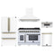 Forno 5-Piece Appliance Package - 48-inch Capriasca French Door Dual Fuel Range, Hood, 36-Inch French Door Refrigerator, Dishwasher and 30-Inch Microwave Drawer in White with Antique Brass Trim