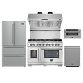 Forno 5-Piece Pro Appliance Package - 48-Inch Capriasca French Door Dual Fuel Range, Refrigerator, Wall Mount Hood with Backsplash, 30-Inch Microwave Drawer, & 3-Rack Dishwasher in Stainless Steel