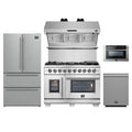 Forno 5-Piece Pro Appliance Package - 48-Inch Capriasca French Door Dual Fuel Range, Refrigerator, Wall Mount Hood with Backsplash, 24-Inch Microwave Drawer, & 3-Rack Dishwasher in Stainless Steel