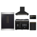 Forno 5-Piece Appliance Package - 48-inch Capriasca French Door Dual Fuel Range, Hood, 60-Inch Built-In Refrigerator, Dishwasher and 24-Inch Microwave Drawer in Black with Antique Brass Trim
