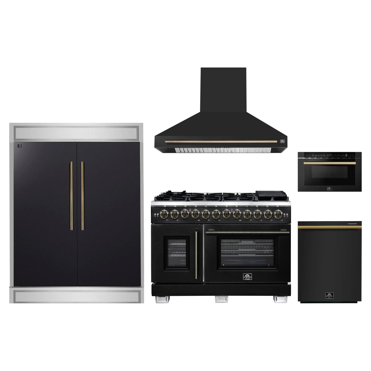 Forno 5-Piece Appliance Package - 48-inch Dual Fuel Range, Hood, Refrigerator, Dishwasher and 24-Inch Microwave Drawer in Black with Antique Brass Trim