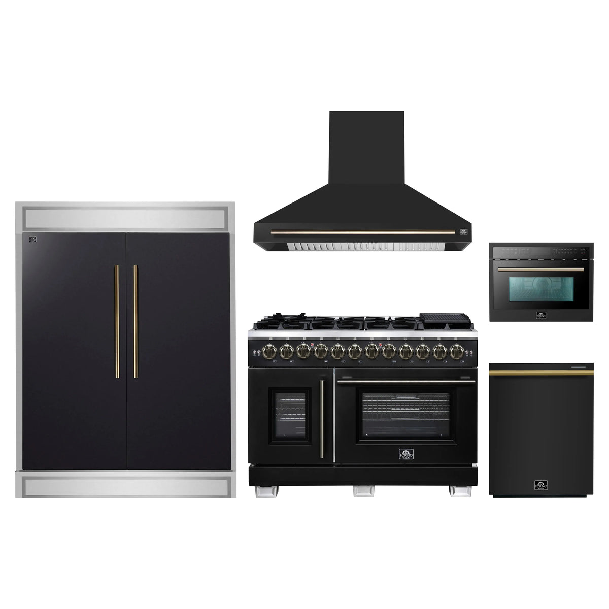 Forno 5-Piece Appliance Package - 48-inch Dual Fuel Range, Hood, Refrigerator, Dishwasher and 24-Inch Microwave Oven in Black with Antique Brass Trim
