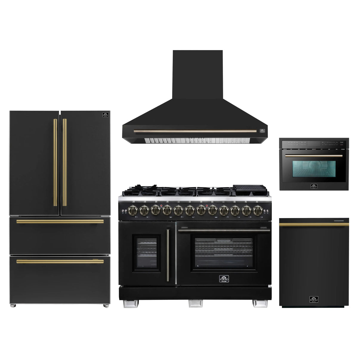 Forno 5-Piece Appliance Package - 48-inch Dual Fuel Range, Hood, Refrigerator, Dishwasher and 24-Inch Microwave Oven in Black with Antique Brass Trim