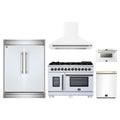 Forno 5-Piece Appliance Package - 48-inch Capriasca French Door Dual Fuel Range, Hood, 60-Inch Built-In Refrigerator, Dishwasher and 24-Inch Microwave Drawer in White with Antique Brass Trim