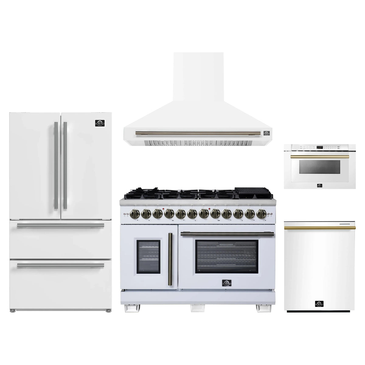 Forno 5-Piece Appliance Package - 48-inch Dual Fuel Range, Hood, Refrigerator, Dishwasher and 24-Inch Microwave Drawer in White with Antique Brass Trim