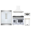 Forno 5-Piece Appliance Package - 48-inch Capriasca French Door Dual Fuel Range, Hood, 60-Inch Built-In Refrigerator, Dishwasher and 30-Inch Microwave Drawer in White with Antique Brass Trim