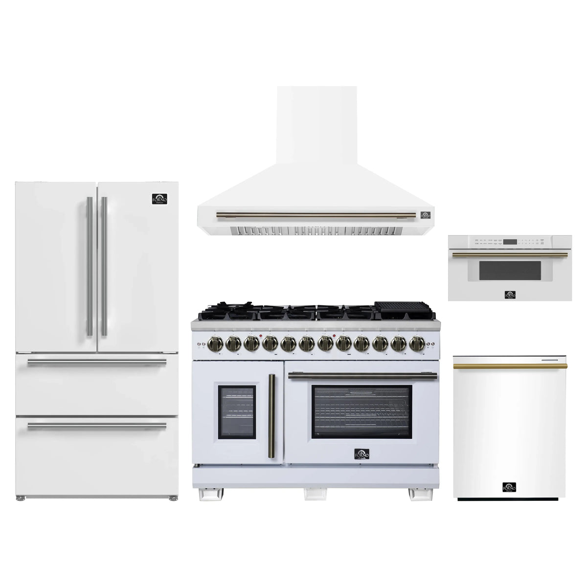 Forno 5-Piece Appliance Package - 48-inch Dual Fuel Range, Hood, Refrigerator, Dishwasher and 30-Inch Microwave Drawer in White with Antique Brass Trim