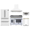 Forno 5-Piece Appliance Package - 48-inch Dual Fuel Range, Hood, Refrigerator, Dishwasher and 30-Inch Microwave Drawer in White with Antique Brass Trim