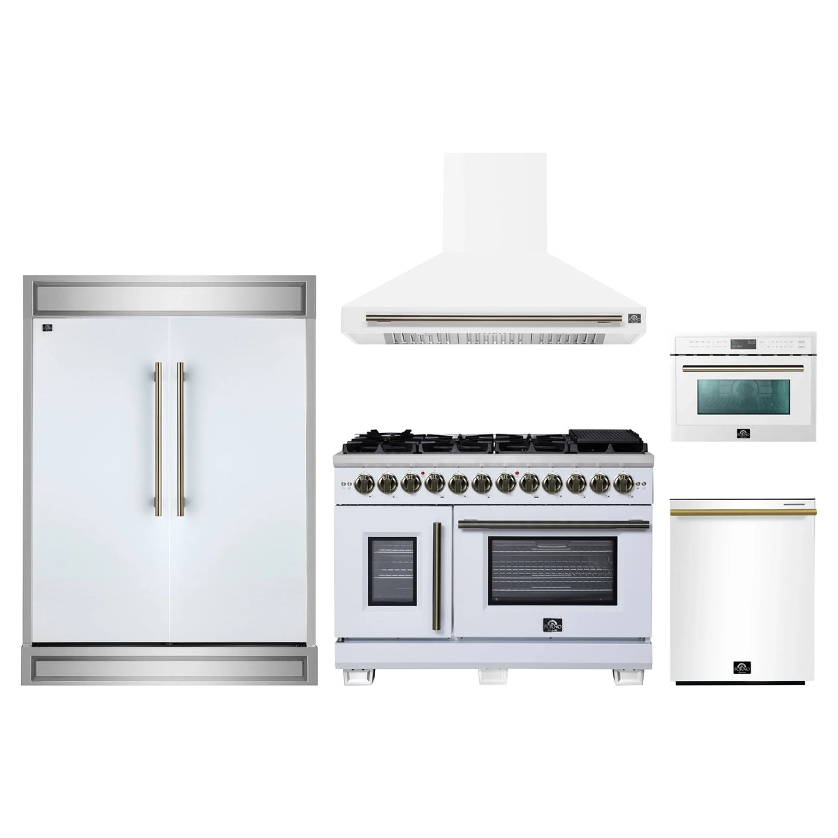 Forno 5-Piece Appliance Package - 48-inch Dual Fuel Range, Hood, Refrigerator, Dishwasher and 24-Inch Microwave Oven in White with Antique Brass Trim