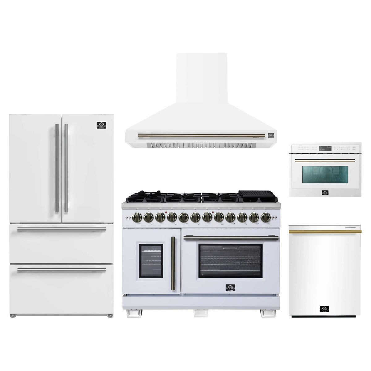 Forno 5-Piece Appliance Package - 48-inch Dual Fuel Range, Hood, Refrigerator, Dishwasher and 24-Inch Microwave Oven in White with Antique Brass Trim