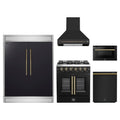 Forno 5-Piece Appliance Package - 30-inch Galiano French Door Gas Range, Hood, 60-Inch Built-In Refrigerator, Dishwasher and 24-Inch Microwave Drawer in Black with Antique Brass Trim