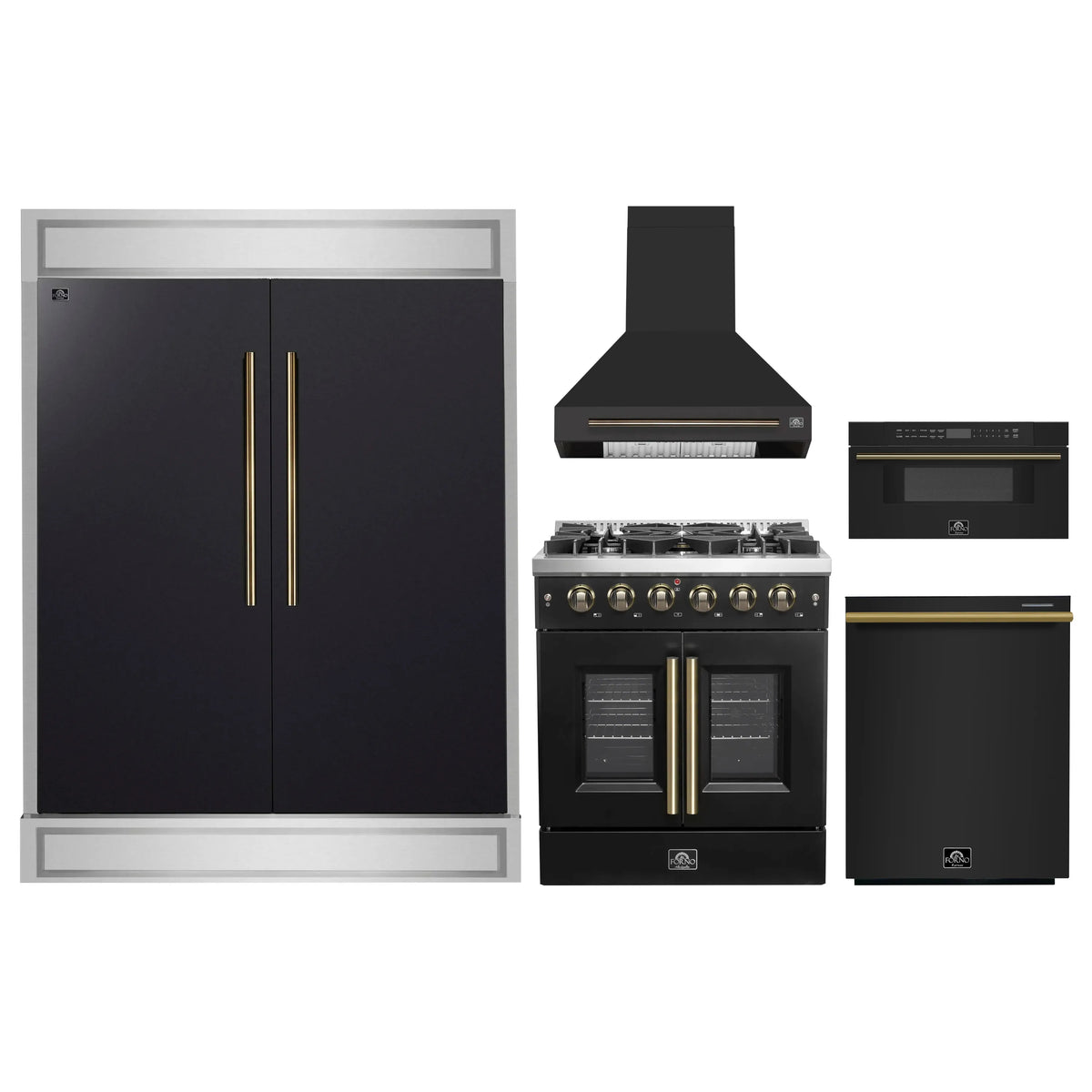 Black appliance package set with fridge, range, hood, wall oven, and microwave