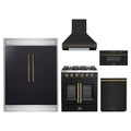 Forno 5-Piece Appliance Package - 30-inch Galiano French Door Gas Range, Hood, 60-Inch Built-In Refrigerator, Dishwasher and 30-Inch Microwave Drawer in Black with Antique Brass Trim