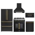 Forno 5-Piece Appliance Package - 30-inch Galiano French Door Gas Range, Hood, 36-Inch French Door Refrigerator, Dishwasher and 30-Inch Microwave Drawer in Black with Antique Brass Trim