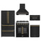 Forno 5-Piece Appliance Package - 30-inch Galiano French Door Gas Range, Hood, 36-Inch French Door Refrigerator, Dishwasher and 30-Inch Microwave Drawer in Black with Antique Brass Trim
