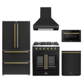 Forno 5-Piece Appliance Package - 30-inch Galiano French Door Gas Range, Hood, 36-Inch French Door Refrigerator, Dishwasher and 24-Inch Microwave Drawer in Black with Antique Brass Trim
