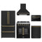 Forno 5-Piece Appliance Package - 30-inch Galiano French Door Gas Range, Hood, 36-Inch French Door Refrigerator, Dishwasher and 24-Inch Microwave Drawer in Black with Antique Brass Trim