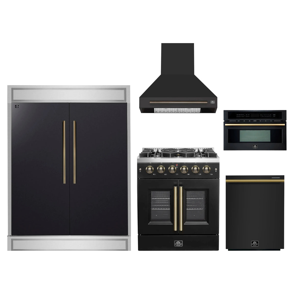 Forno 5-Piece Appliance Package - 30-inch Gas Range, Hood, Refrigerator, Dishwasher and 30-Inch Microwave Oven in Black with Antique Brass Trim