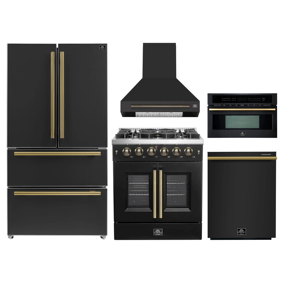 Black kitchen appliance package with refrigerator, gas range, hood, and microwave/oven