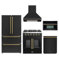 Forno 5-Piece Appliance Package - 30-inch Galiano French Door Gas Range, Hood, 36-Inch French Door Refrigerator, Dishwasher and 30-Inch Microwave Oven in Black with Antique Brass Trim