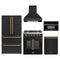 Forno 5-Piece Appliance Package - 30-inch Galiano French Door Gas Range, Hood, 36-Inch French Door Refrigerator, Dishwasher and 30-Inch Microwave Oven in Black with Antique Brass Trim