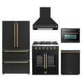Forno 5-Piece Appliance Package - 30-inch Galiano French Door Gas Range, Hood, 36-Inch French Door Refrigerator, Dishwasher and 24-Inch Microwave Oven in Black with Antique Brass Trim