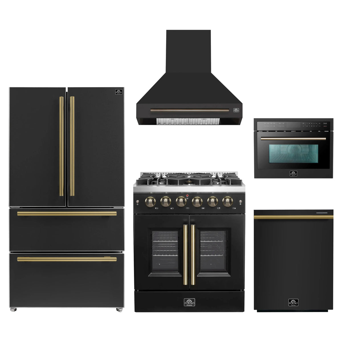 Forno 5-Piece Appliance Package - 30-inch Gas Range, Hood, Refrigerator, Dishwasher and 24-Inch Microwave Oven in Black with Antique Brass Trim