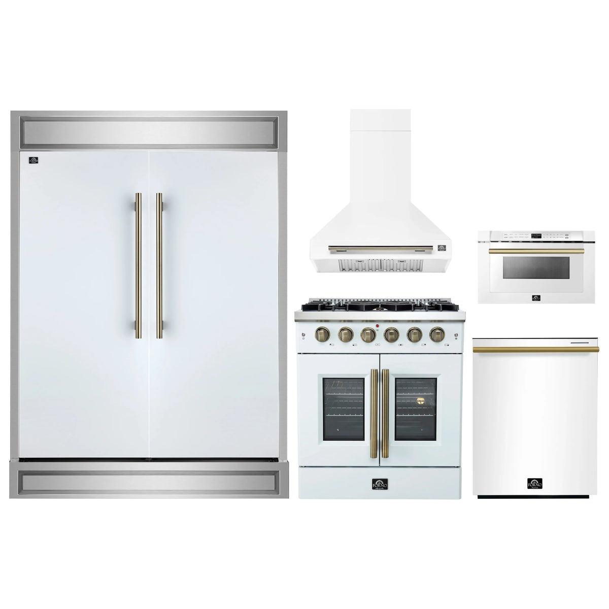 White 5-piece kitchen appliance set: refrigerator, range, hood, dishwasher, microwave drawer