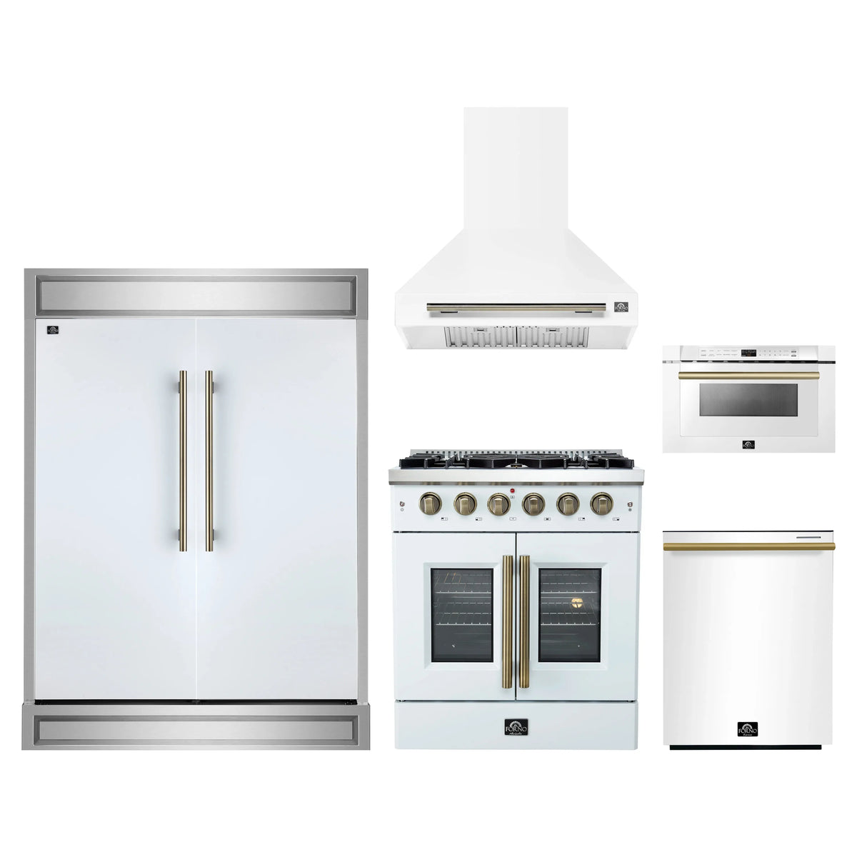 Forno 5-Piece Appliance Package - 30-inch Gas Range, Hood, Refrigerator, Dishwasher and 24-Inch Microwave Drawer in White with Antique Brass Trim