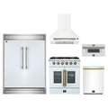 Forno 5-Piece Appliance Package - 30-inch Galiano French Door Gas Range, Hood, 60-Inch Built-In Refrigerator, Dishwasher and 30-Inch Microwave Drawer in White with Antique Brass Trim