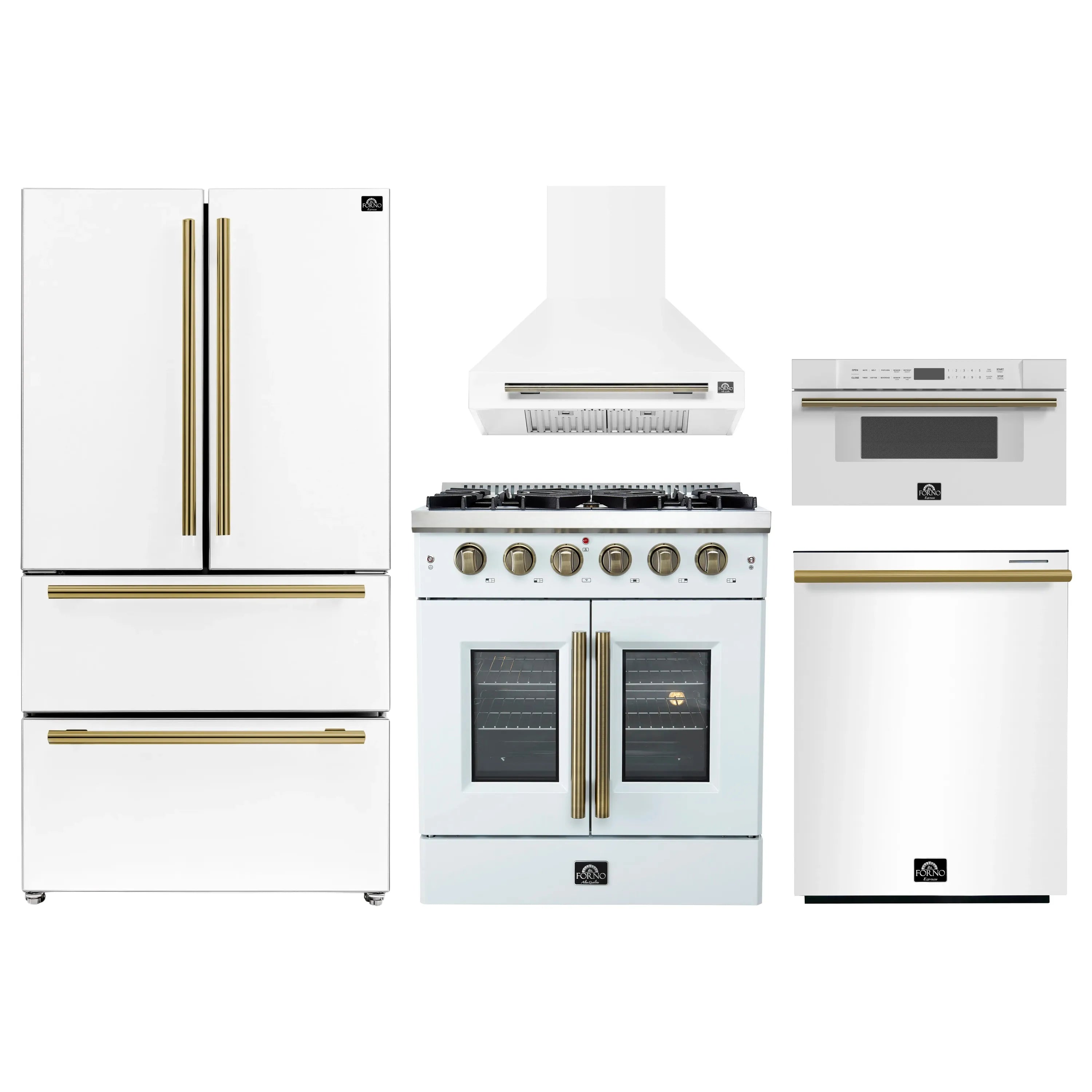 White kitchen appliance set with refrigerator, gas range, hood and wall microwave