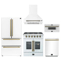 Forno 5-Piece Appliance Package - 30-inch Galiano French Door Gas Range, Hood, 36-Inch French Door Refrigerator, Dishwasher and 30-Inch Microwave Drawer in White with Antique Brass Trim