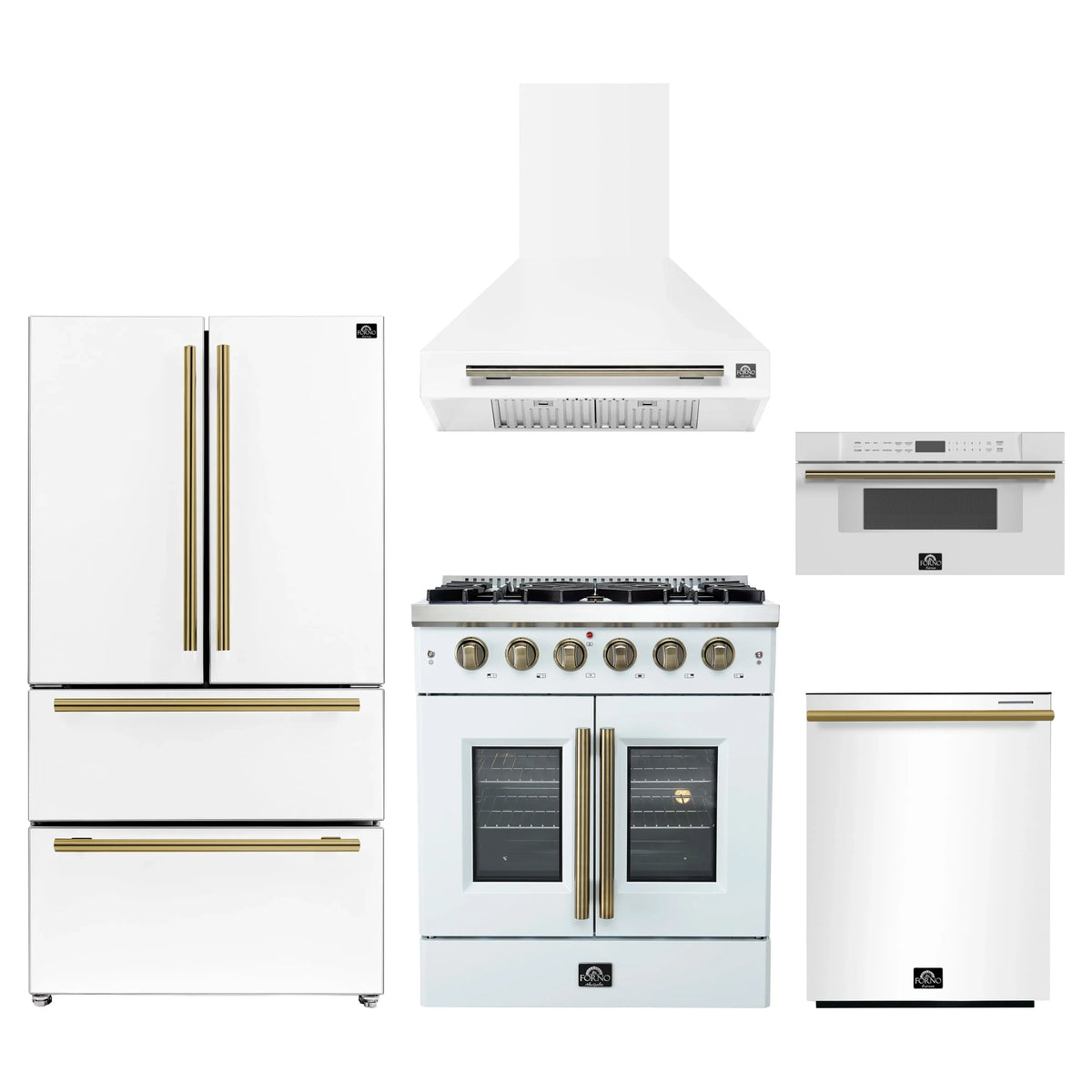 Forno 5-Piece Appliance Package - 30-inch Gas Range, Hood, Refrigerator, Dishwasher and 30-Inch Microwave Drawer in White with Antique Brass Trim